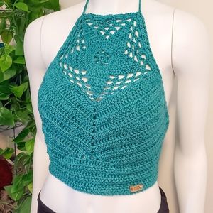 Turquoise crochet star handmade halter crop top